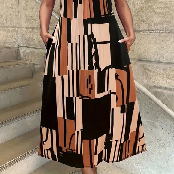 Women Plus Size Colorblock Geometric Print Summer Vacation Beach Maxi Dress 22W - Picture 2 of 12